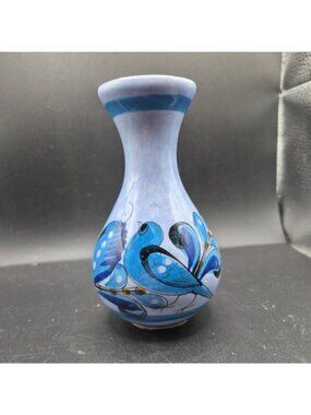 Hand-Painted Ceramic Blue Bird Vase Signed By Artist 5.5" Tall Collectible Decor